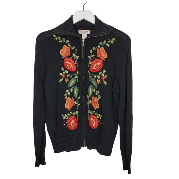 Tiara International Boho Floral Embroidered Zip Front Sweater - Size M - Picture 1 of 4